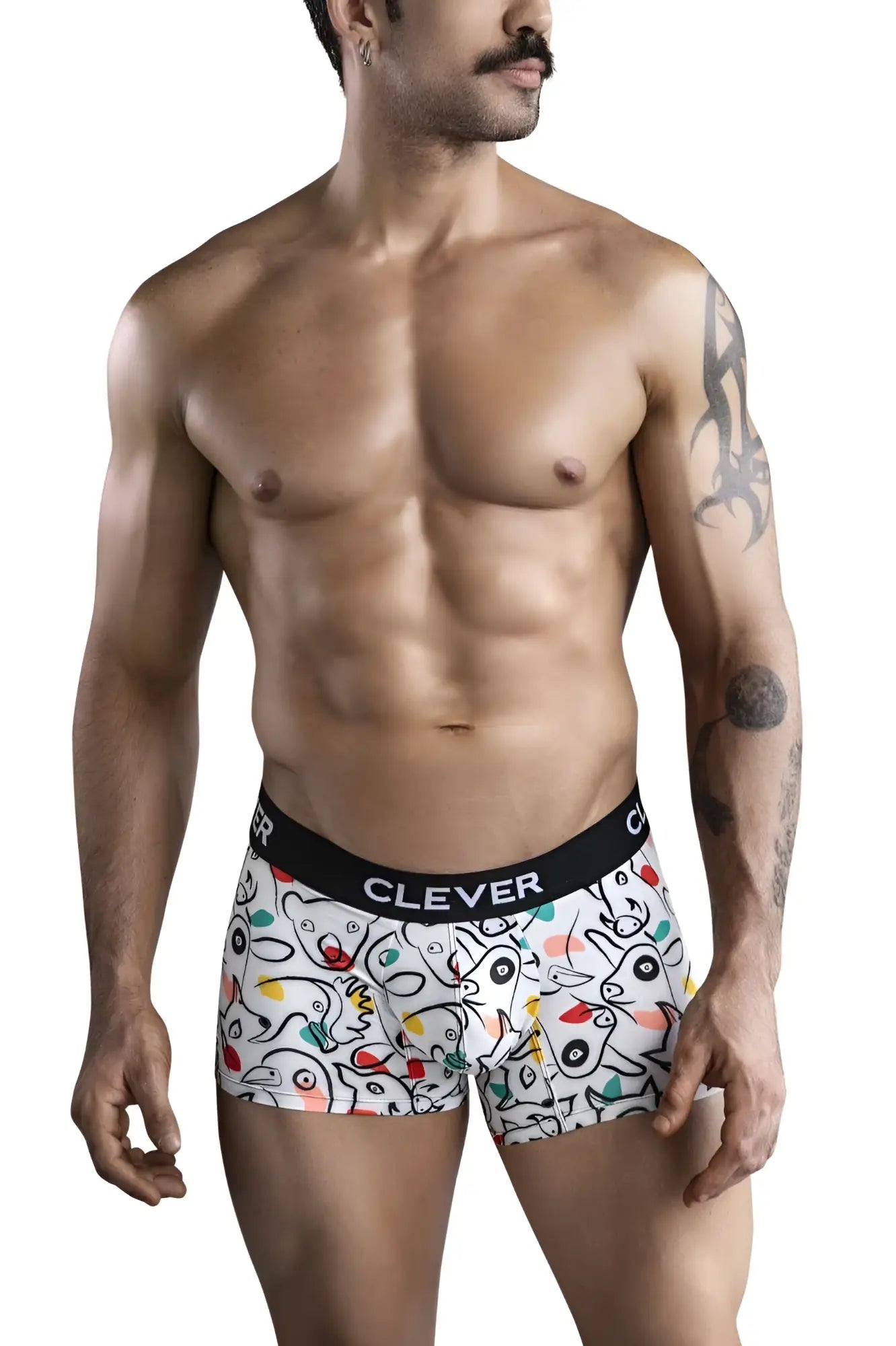 White boxer briefs with colorful cartoon animal print and black clever waistband in clever 1725 grange trunks model