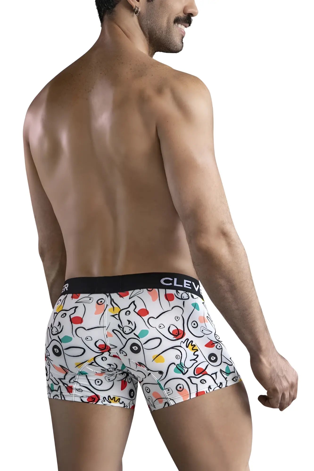 White clever 1725 grange trunks boxer briefs with colorful cartoon animal print and black waistband for everyday comfort