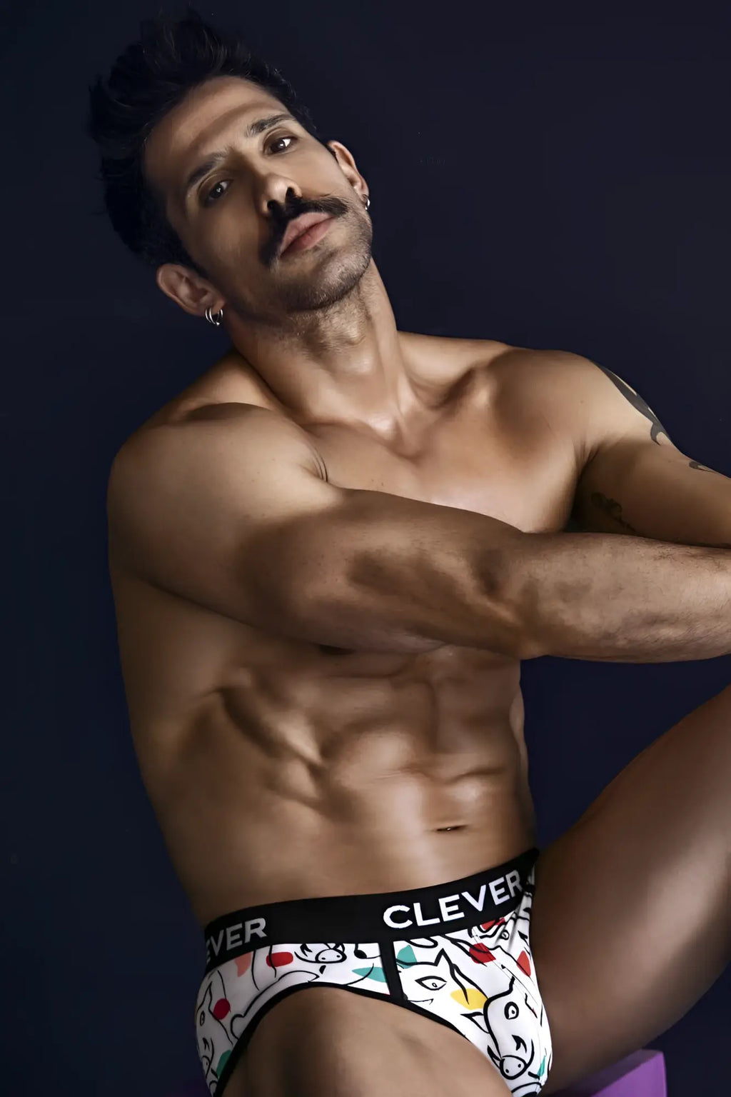 White clever 1726 grange briefs with colorful cartoon cat pattern and black branded elastic waistband