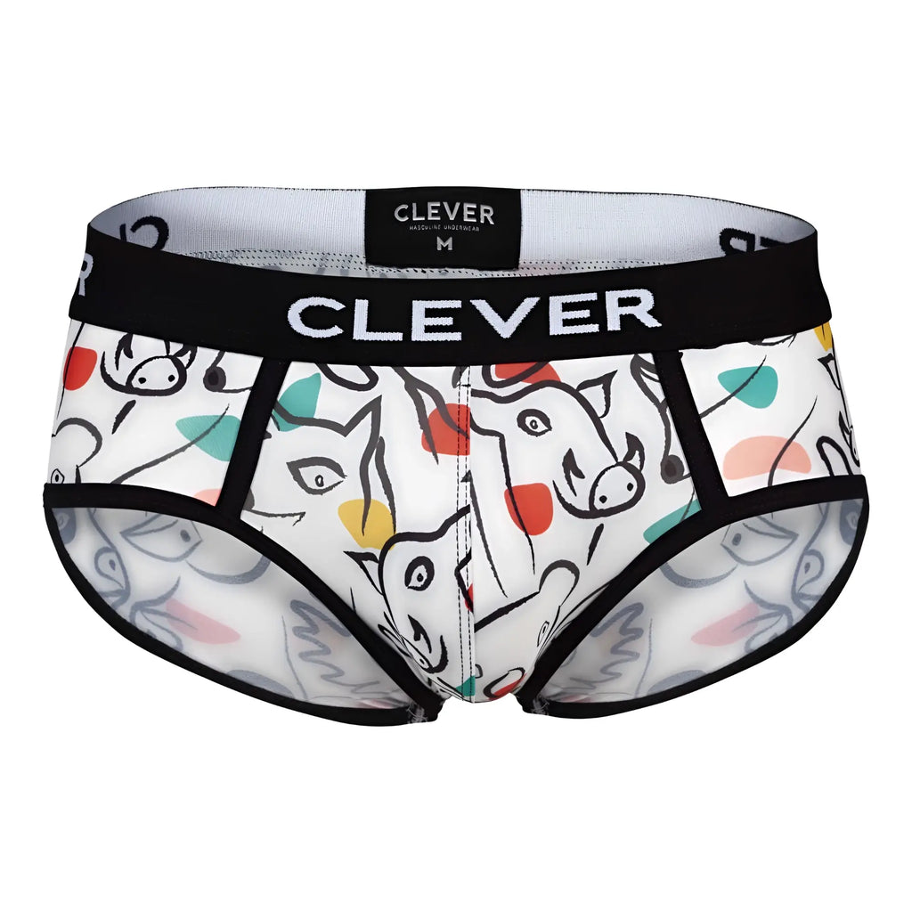 White men’s briefs with a playful cartoon animal pattern in black red yellow and teal from clever brand waistband