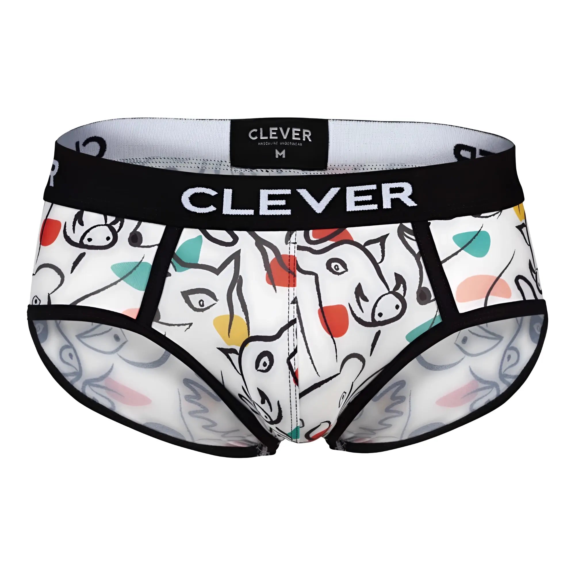 White men’s briefs with a playful cartoon animal pattern in black red yellow and teal from clever brand waistband