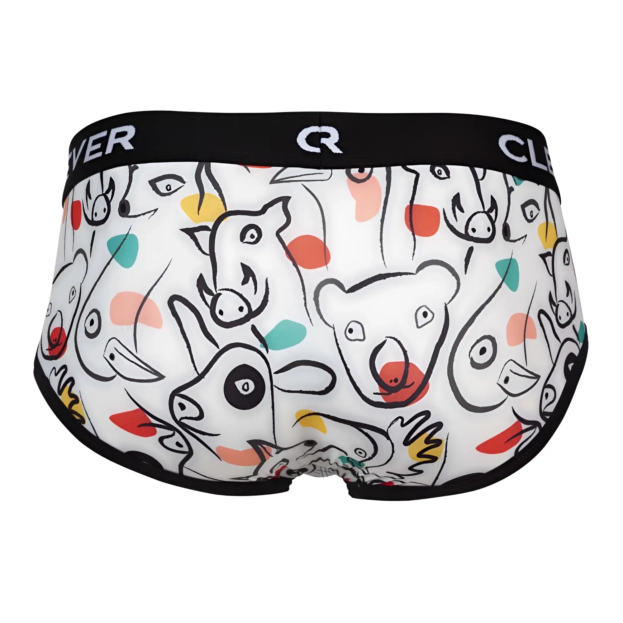 White clever 1726 grange briefs with playful black outlined cartoon animals and colorful polka dots on fabric