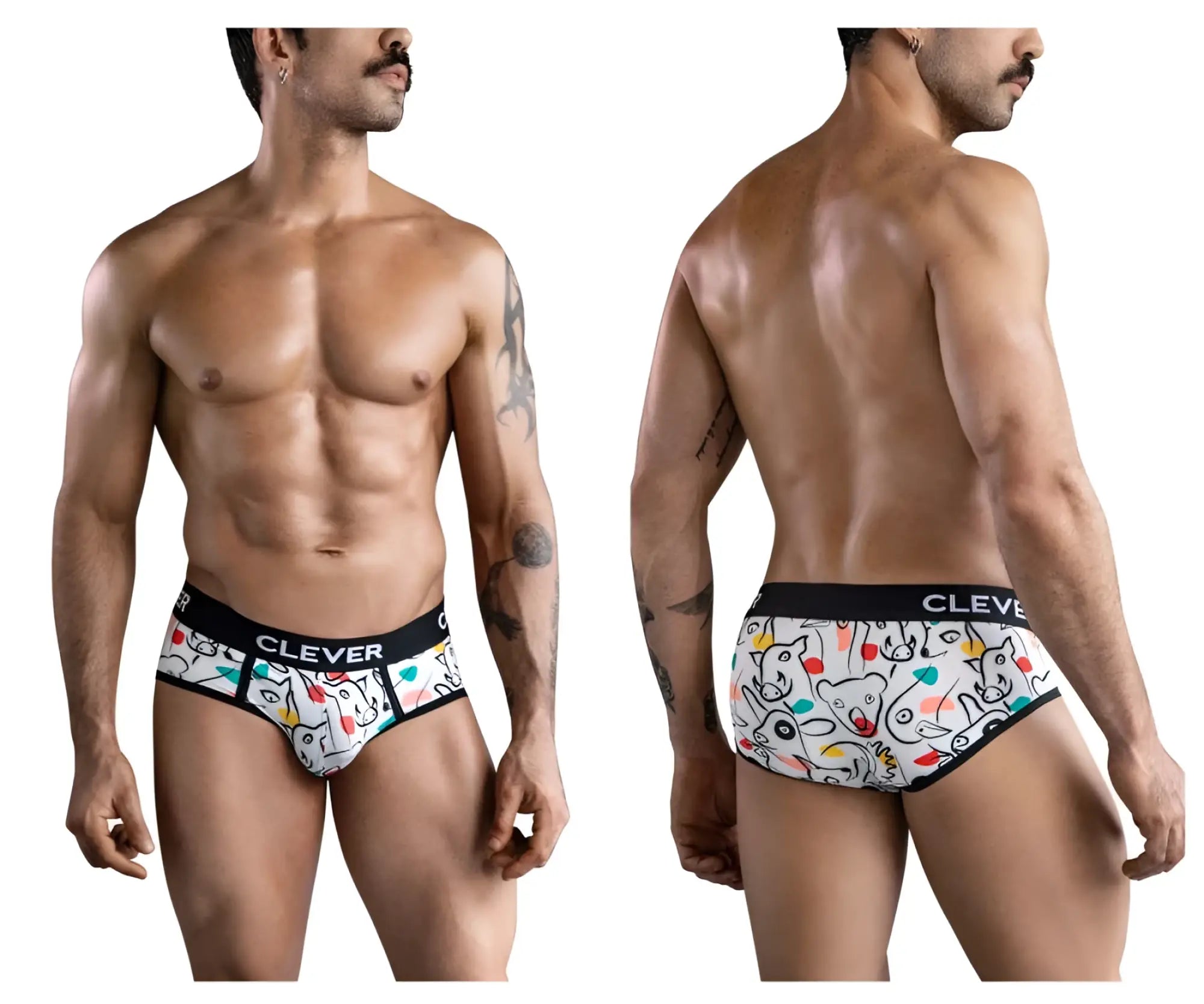White clever 1726 grange briefs with playful cartoon animal pattern and black waistband for comfortable wear