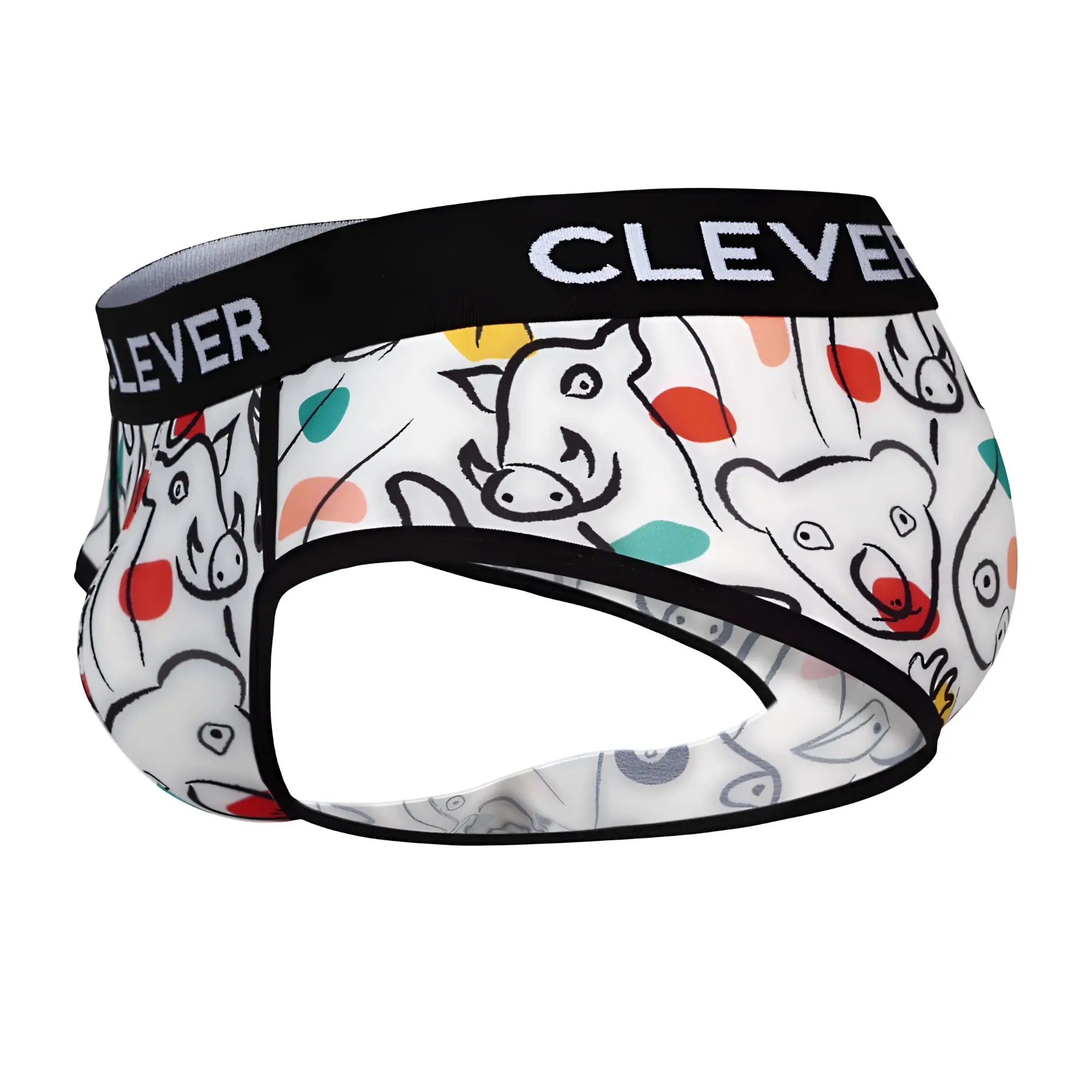 White clever 1726 grange briefs with playful cartoon animal print in black outlines and colorful dots