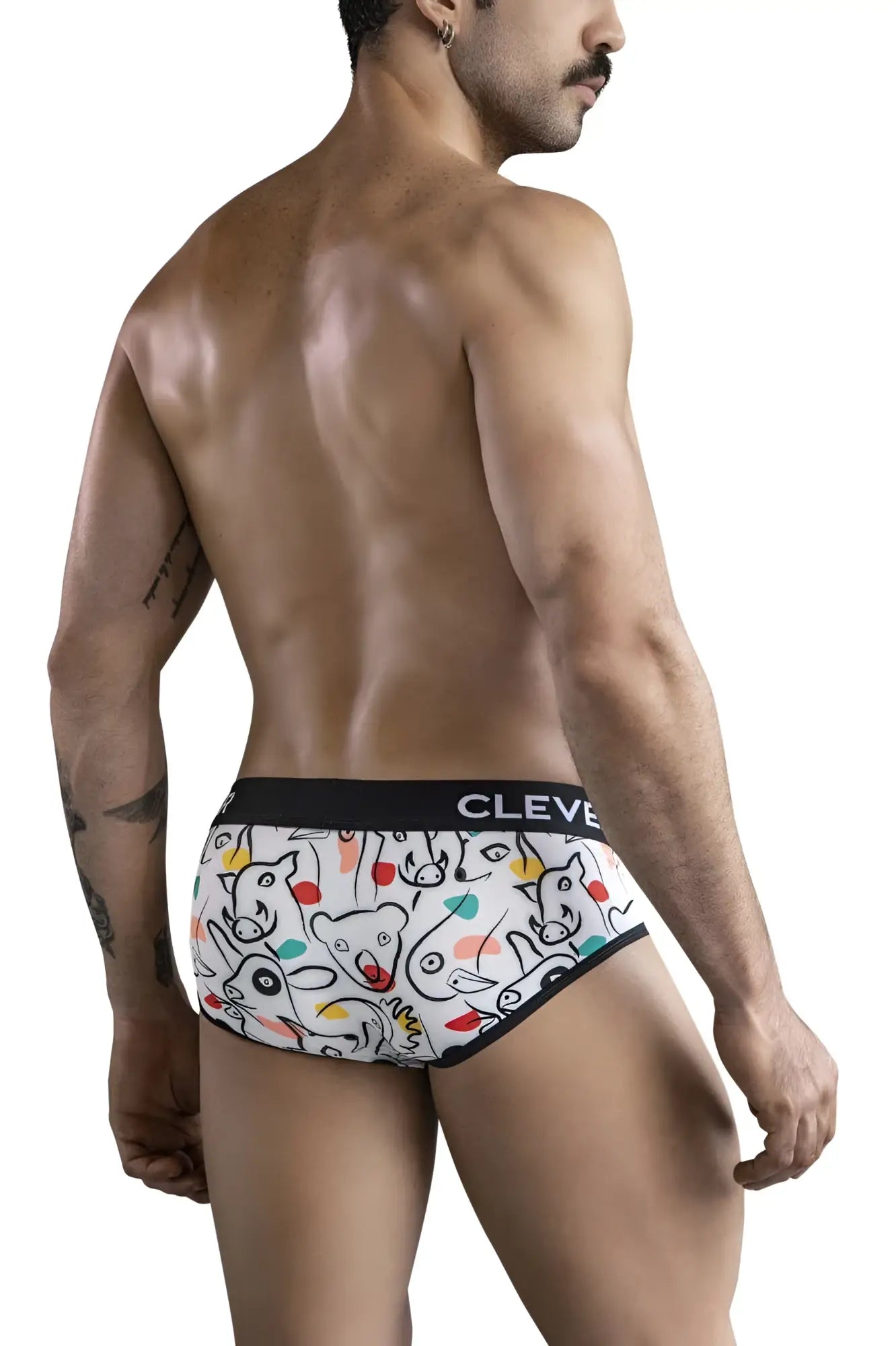 White clever 1726 grange briefs with colorful cartoon animal print and black trim on waistband in white color