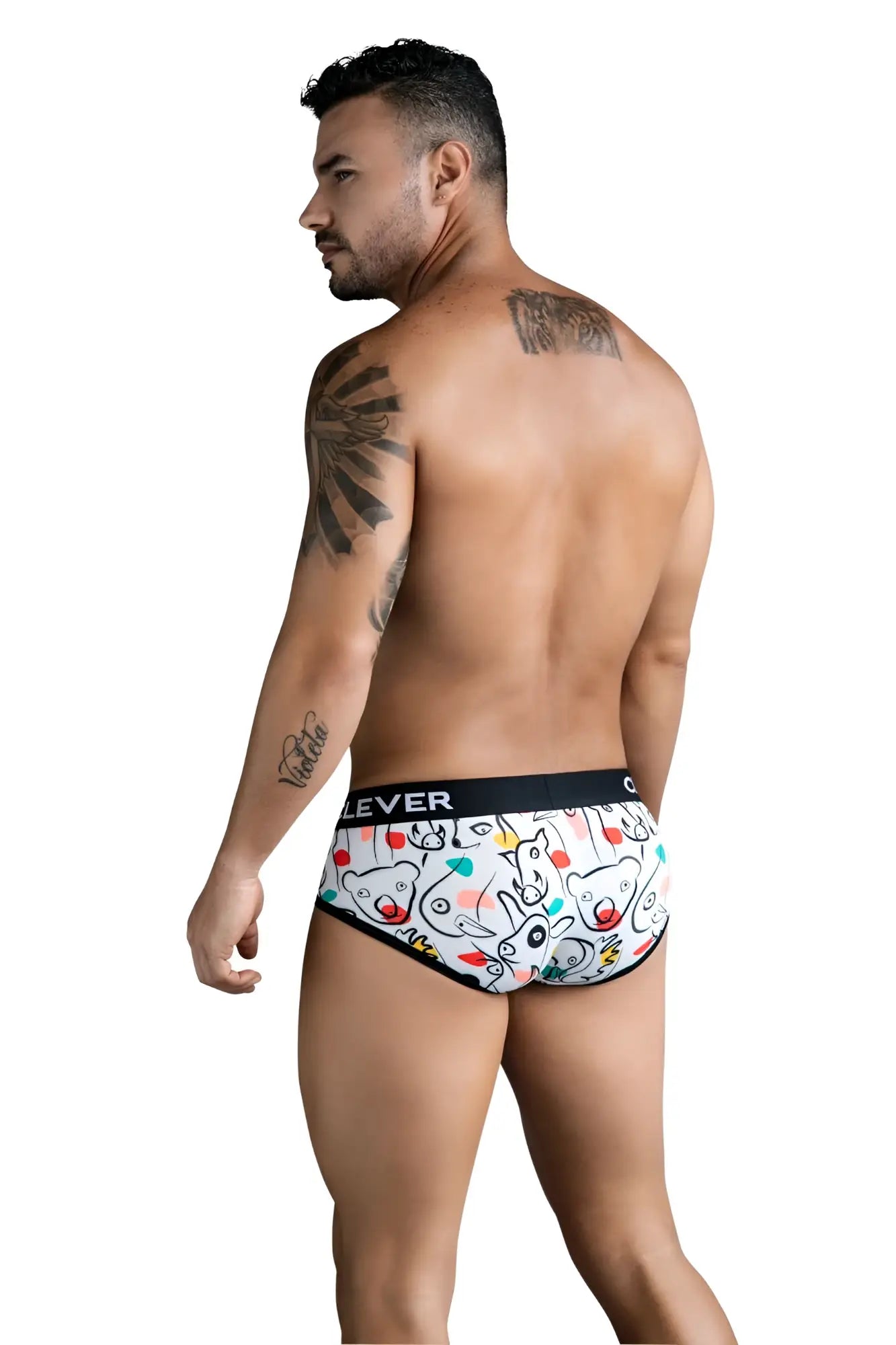 Clever 1726 Grange briefs white with playful cartoon bear and unicorn pattern in black red and blue outlines