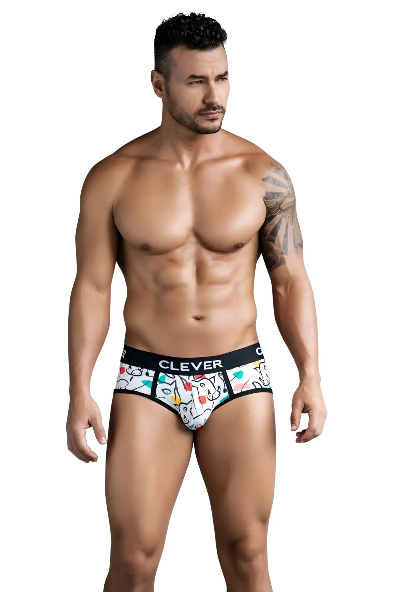 White clever 1726 grange briefs with colorful cartoon unicorns and hearts pattern and black branded waistband