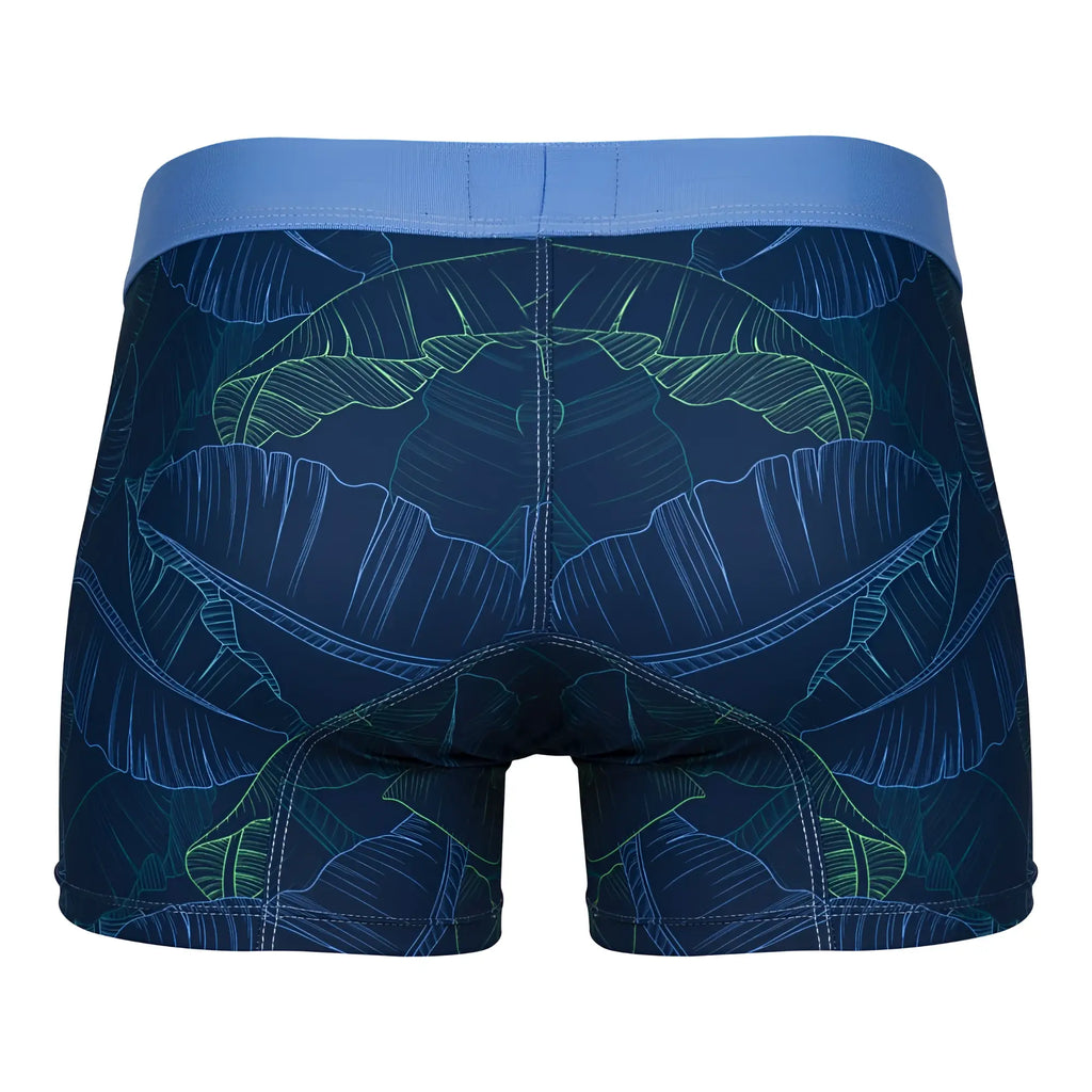 Dark blue clever 1727 shape boxer briefs with glowing green and light blue banana leaf pattern and royal blue waistband