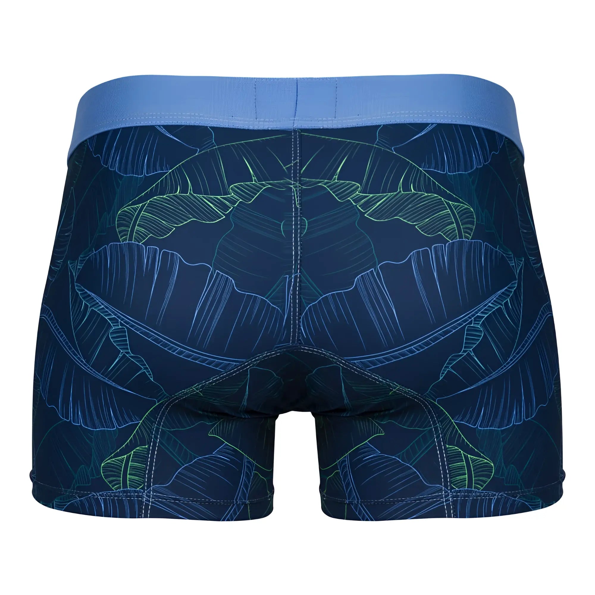 Dark blue clever 1727 shape boxer briefs with glowing green and light blue banana leaf pattern and royal blue waistband