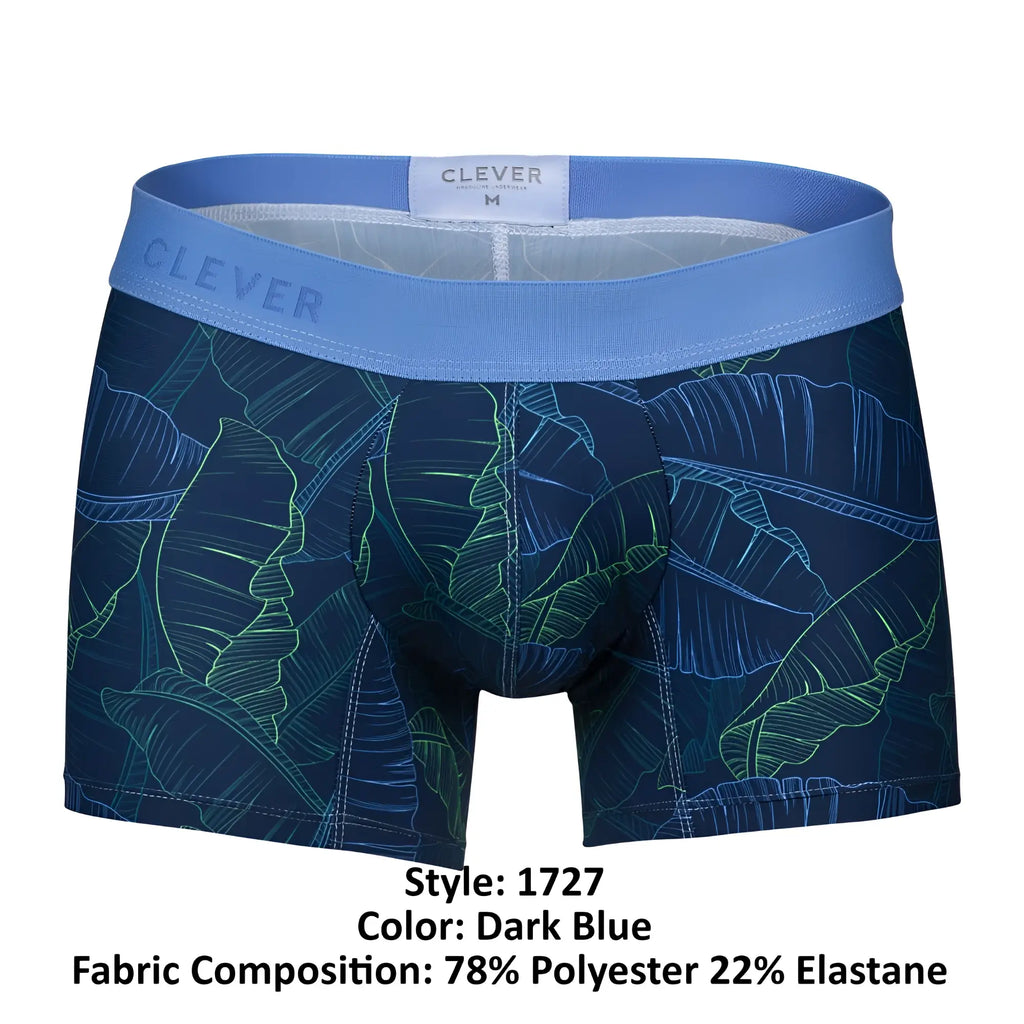 Dark blue clever 1727 shape boxer briefs with glowing green and light blue tropical leaf pattern and branded waistband