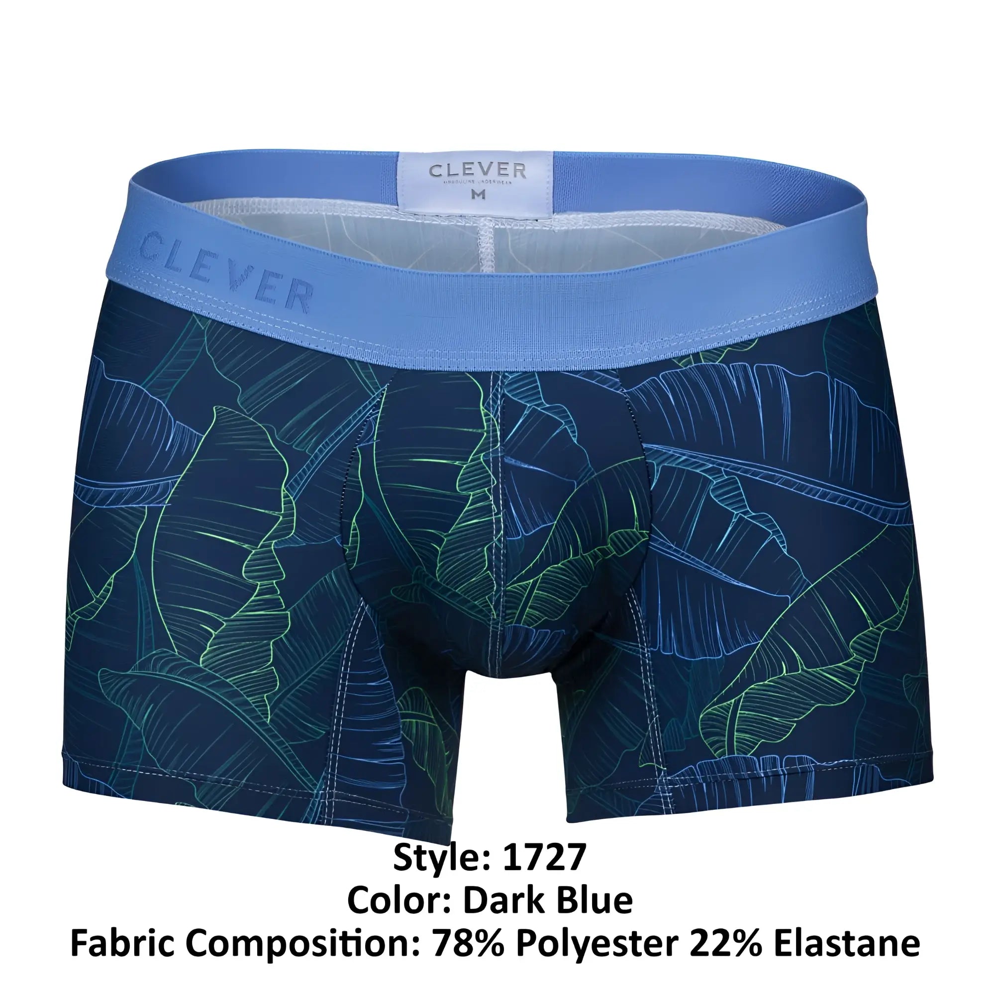 Dark blue clever 1727 shape boxer briefs with glowing green and light blue tropical leaf pattern and branded waistband