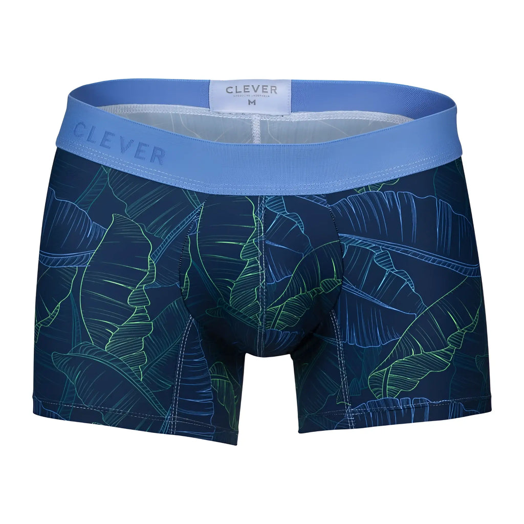 Blue and green tropical leaf patterned boxer briefs by clever in dark blue shape trunks style for comfortable support