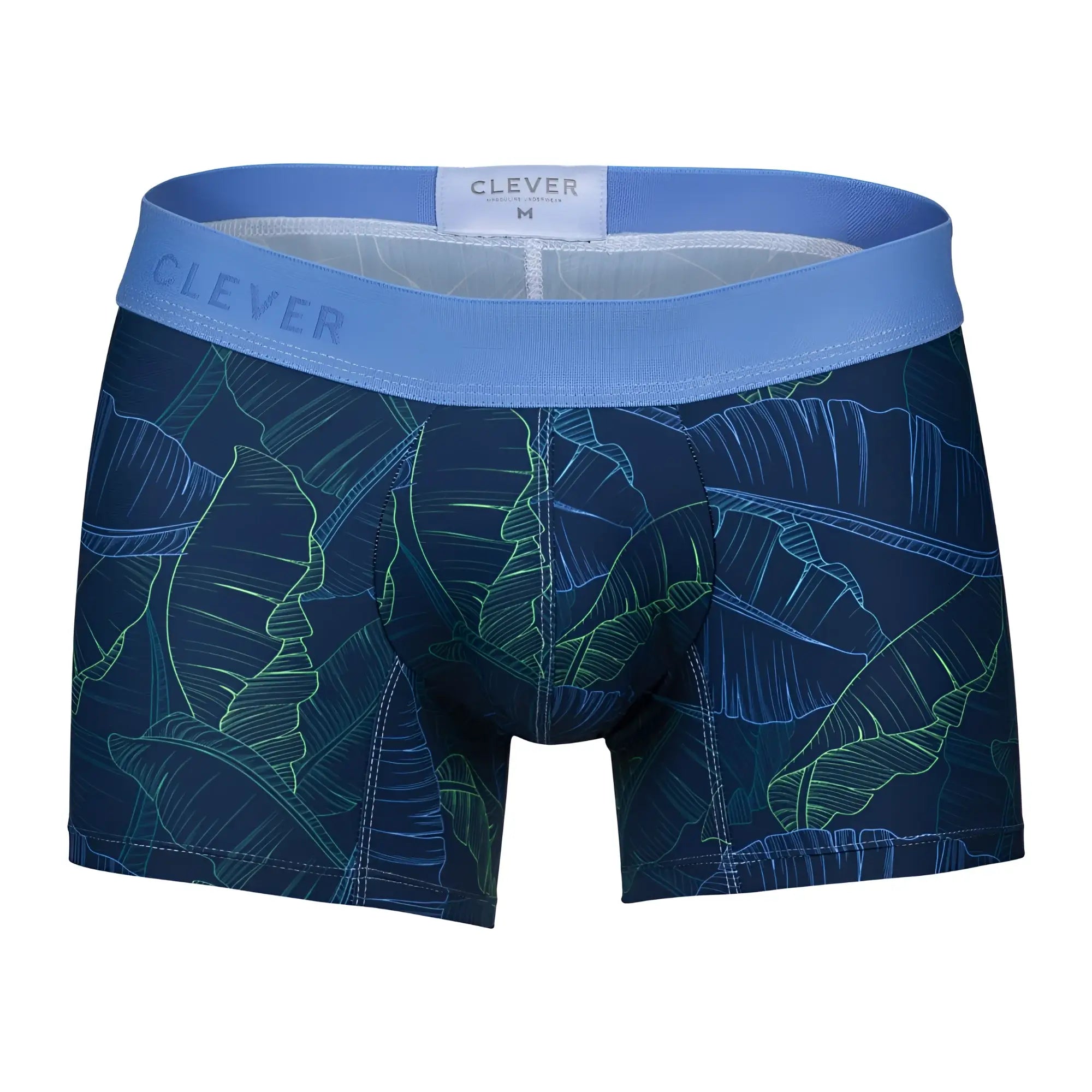 Blue and green tropical leaf patterned boxer briefs by clever in dark blue shape trunks style for comfortable support