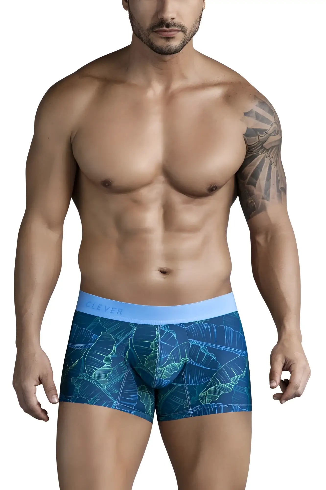 Blue tropical leaf-patterned boxer briefs with light blue clever waistband from clever 1727 shape trunks line