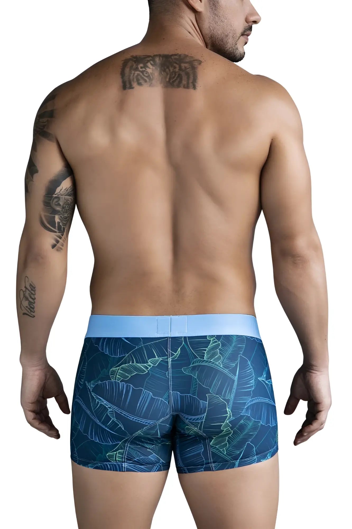 Clever 1727 shape trunks dark blue boxer briefs with blue tropical leaf pattern and light blue waistband