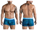 Blue tropical leaf-patterned men’s boxer briefs clever 1727 shape trunks dark blue with light blue elastic waistband