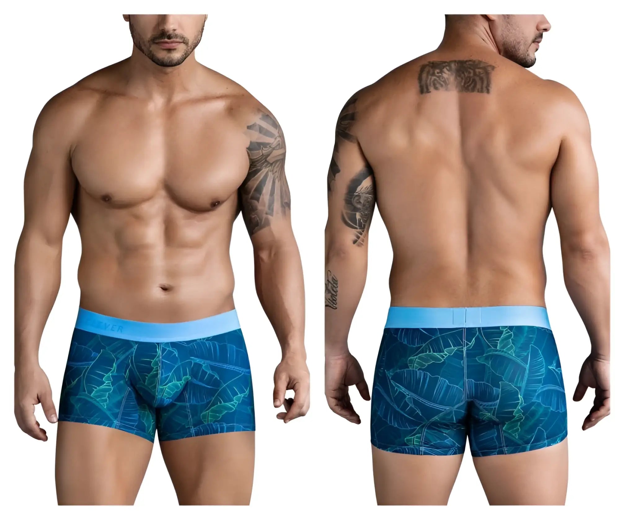 Blue tropical leaf-patterned men’s boxer briefs clever 1727 shape trunks dark blue with light blue elastic waistband