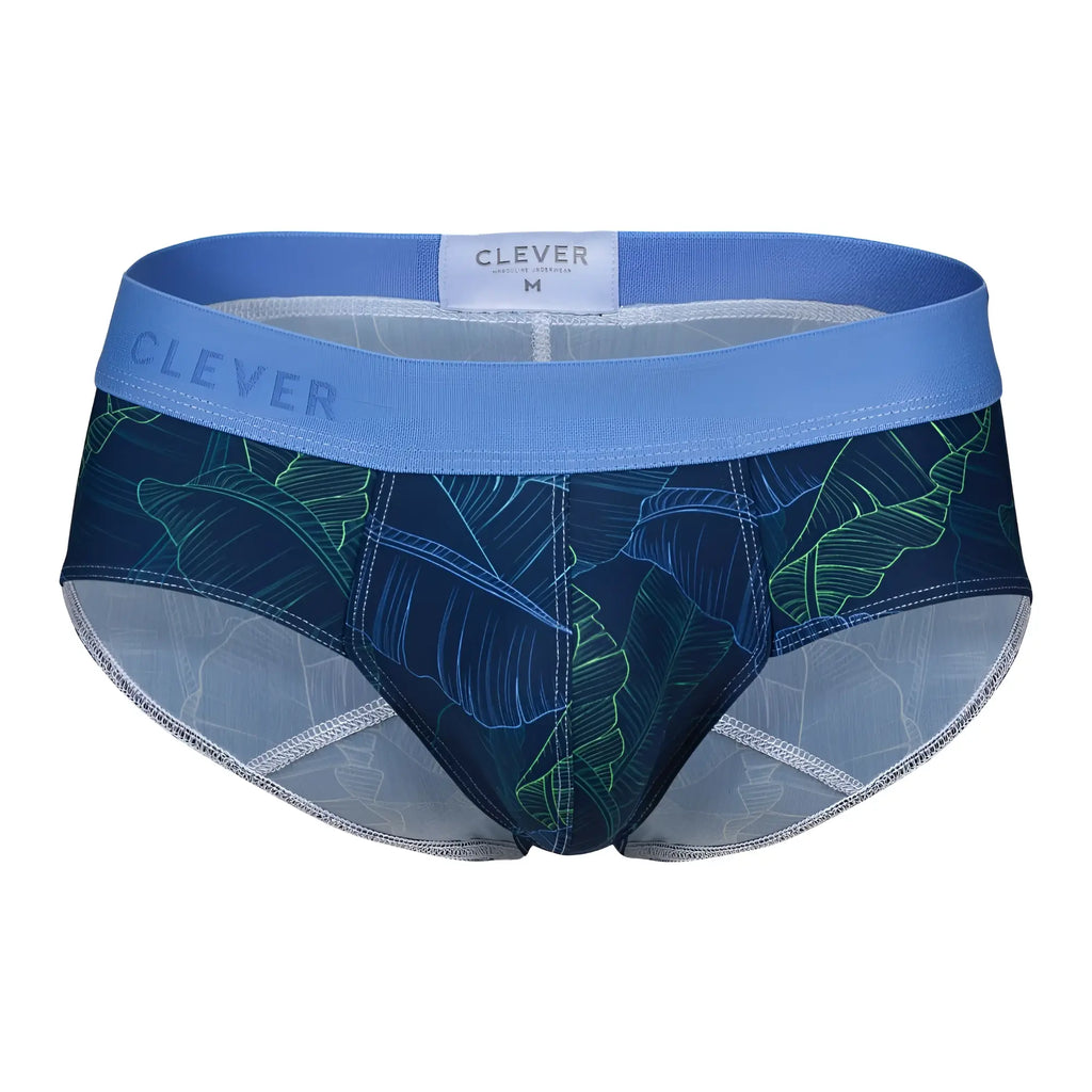 Blue and green tropical leaf patterned men’s briefs by clever in dark blue shape briefs design