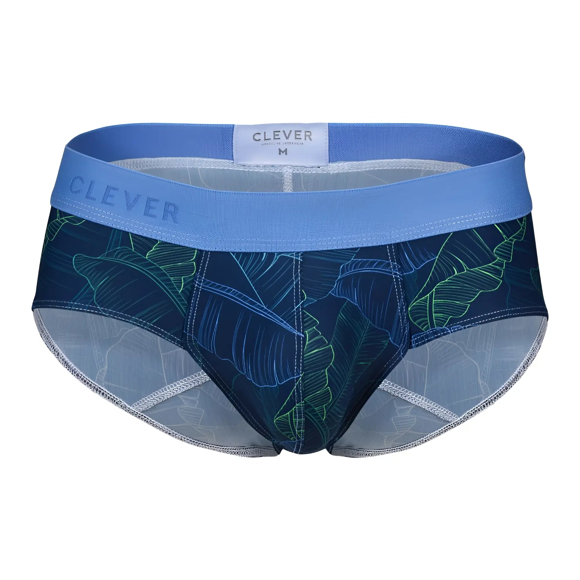 Blue and green tropical leaf patterned men’s briefs by clever in dark blue shape briefs design