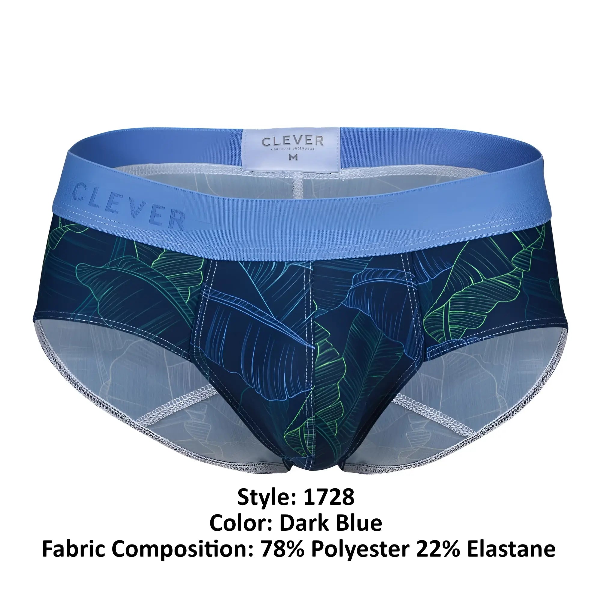 Dark blue clever 1728 shape men’s briefs with tropical leaf pattern and matching branded elastic made of polyester elastane