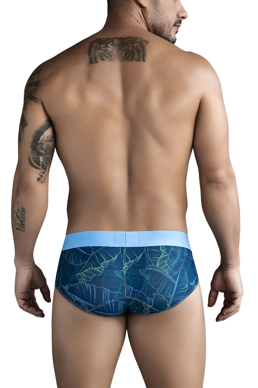 Dark blue clever 1728 shape briefs with blue tropical leaf pattern and light blue waistband for comfortable fit