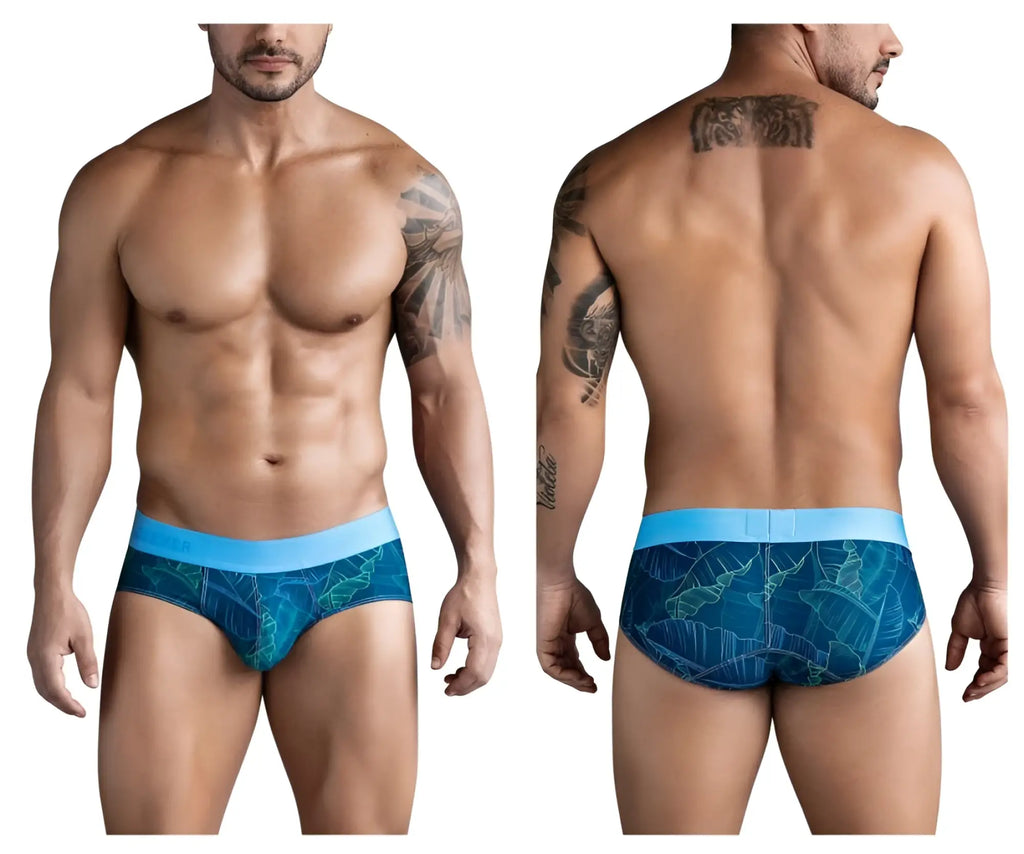 Clever 1728 shape briefs in dark blue with blue tropical leaf pattern and light blue waistband for comfortable support