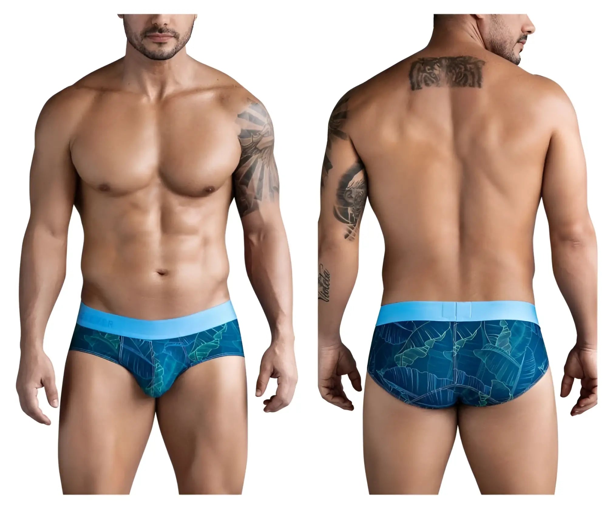 Clever 1728 shape briefs in dark blue with blue tropical leaf pattern and light blue waistband for comfortable support