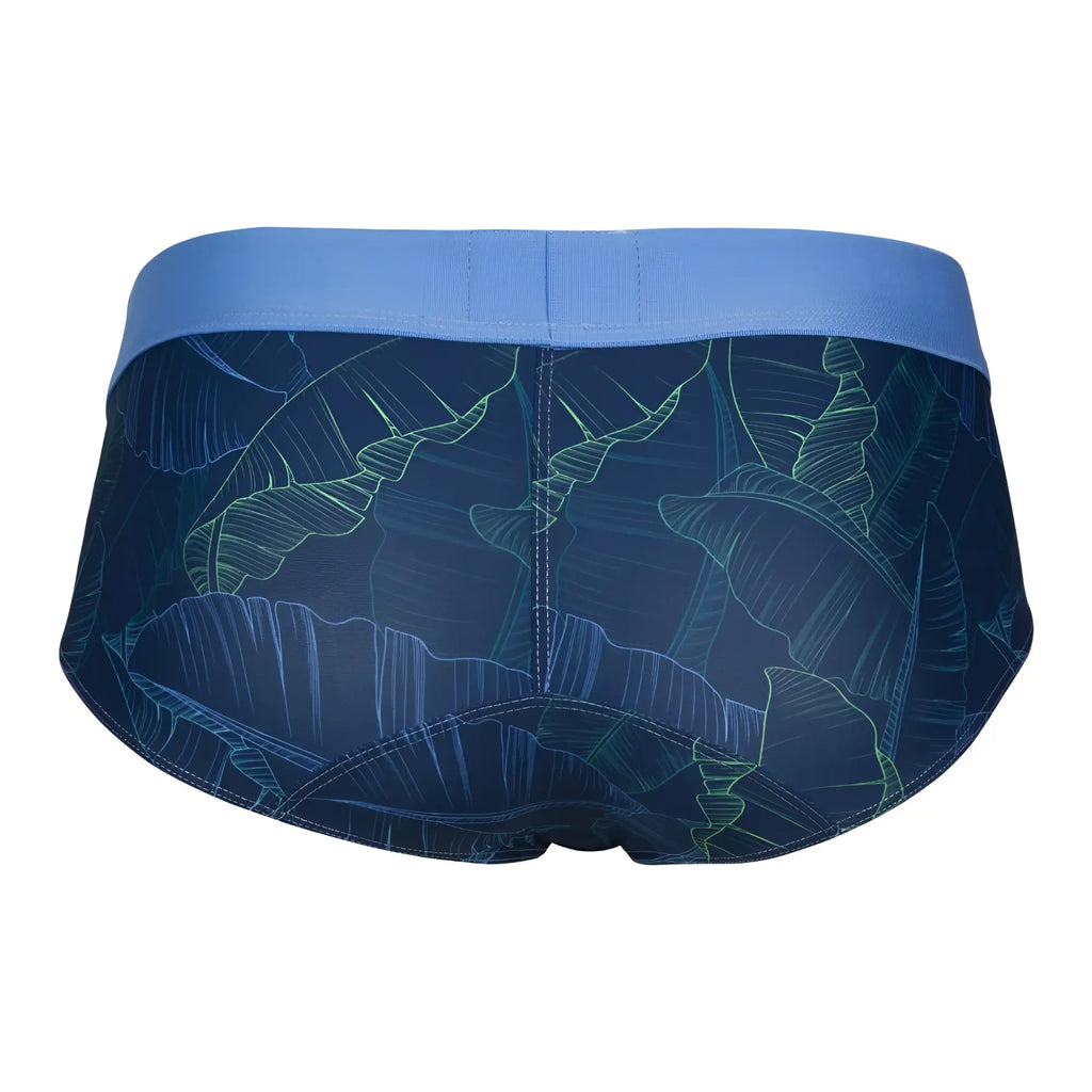 Blue tropical leaf-patterned men’s briefs with solid blue waistband clever 1728 shape briefs color dark blue