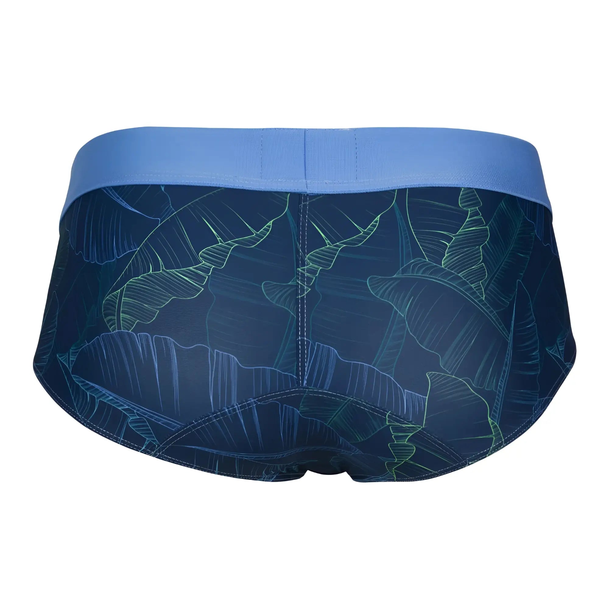 Blue tropical leaf-patterned men’s briefs with solid blue waistband clever 1728 shape briefs color dark blue