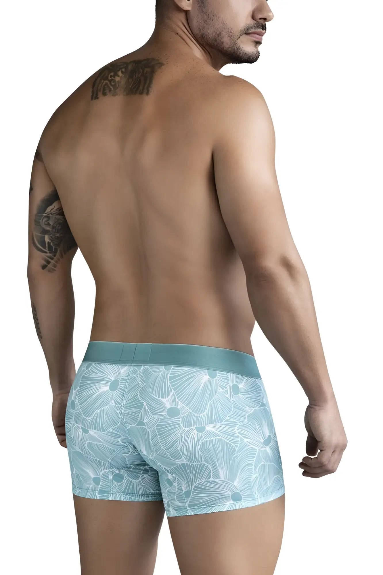 Light blue boxer briefs with delicate white floral pattern and matching waistband from clever 1729 rose trunks color green