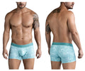 Light blue clever 1729 rose trunks boxer briefs with subtle white leaf pattern and teal waistband in green color