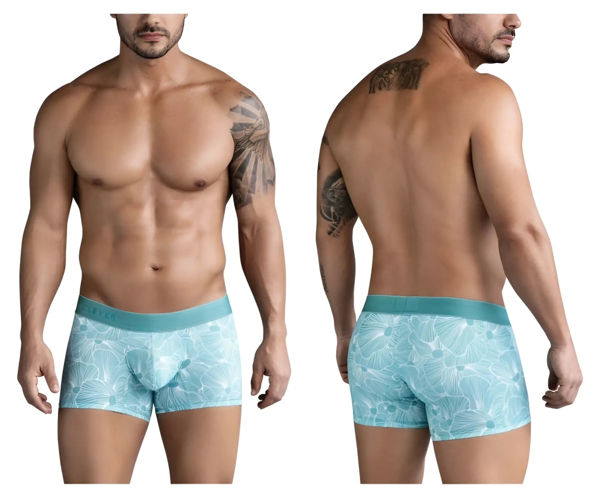 Light blue clever 1729 rose trunks boxer briefs with subtle white leaf pattern and teal waistband in green color