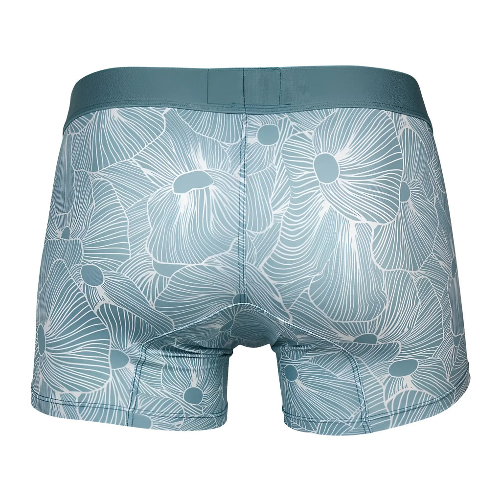 Teal floral-patterned boxer briefs with matching elastic waistband clever 1729 rose trunks color green front view