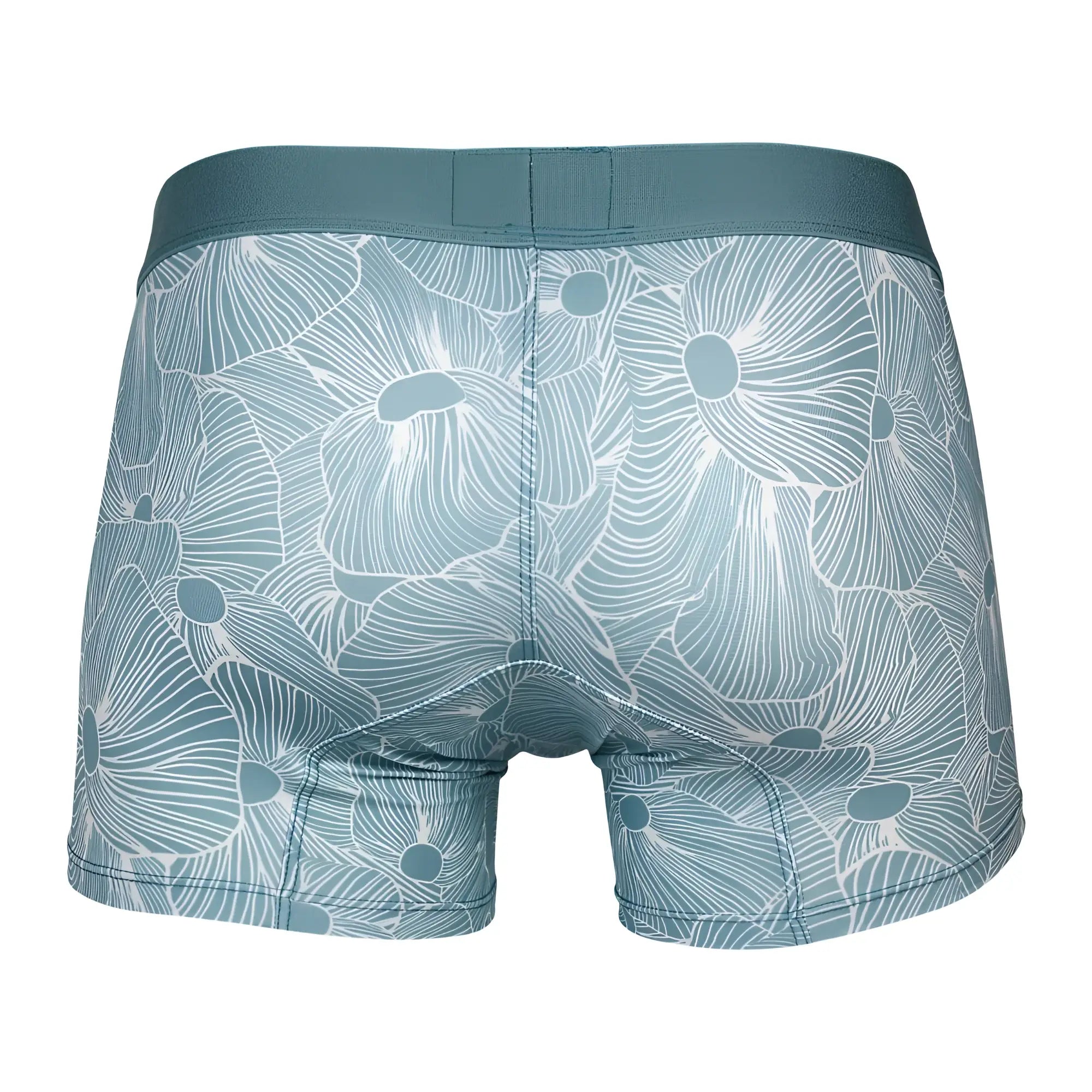 Teal floral-patterned boxer briefs with matching elastic waistband clever 1729 rose trunks color green front view