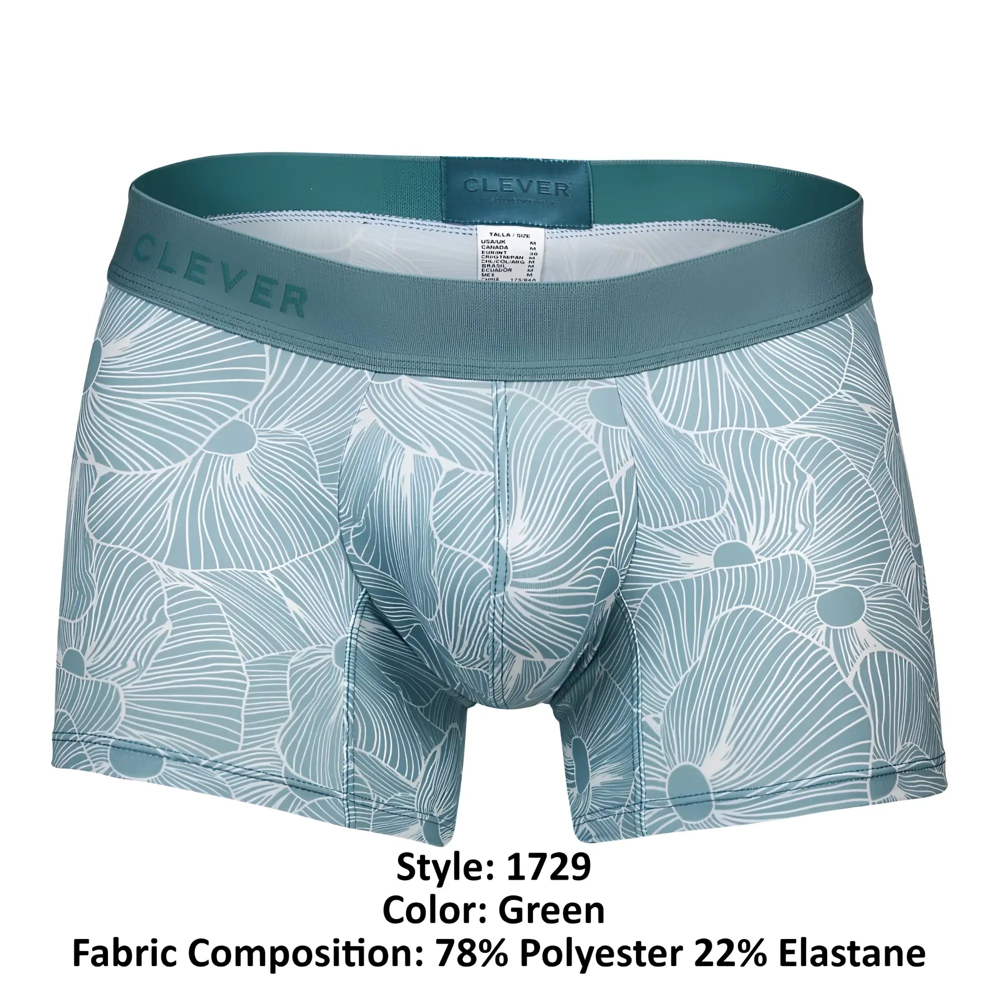 Teal-green clever 1729 rose trunks boxer briefs with white floral pattern and elastic waistband with clever label
