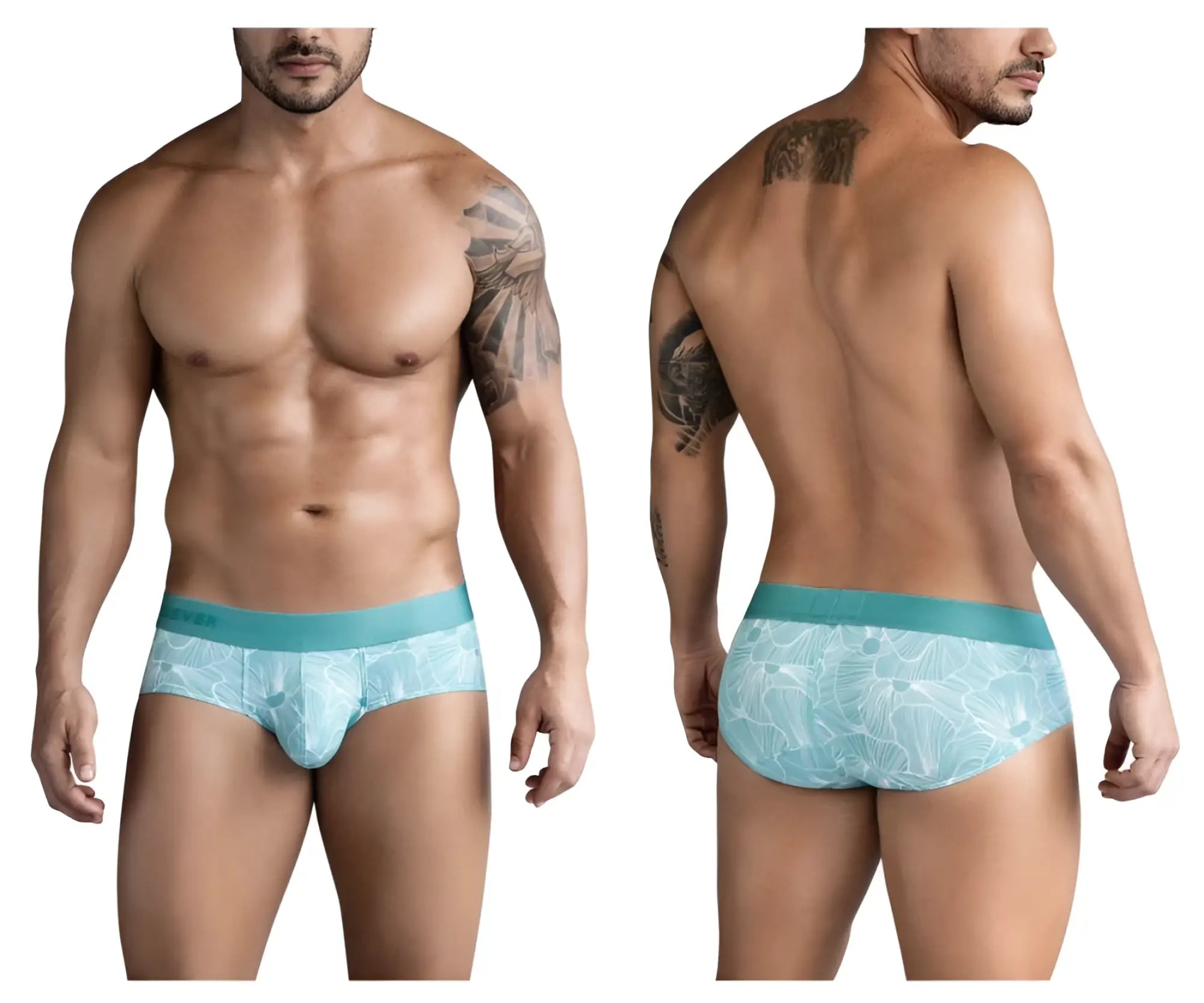 Light blue tropical leaf patterned clever 1730 rose briefs for men with a solid teal waistband in green color