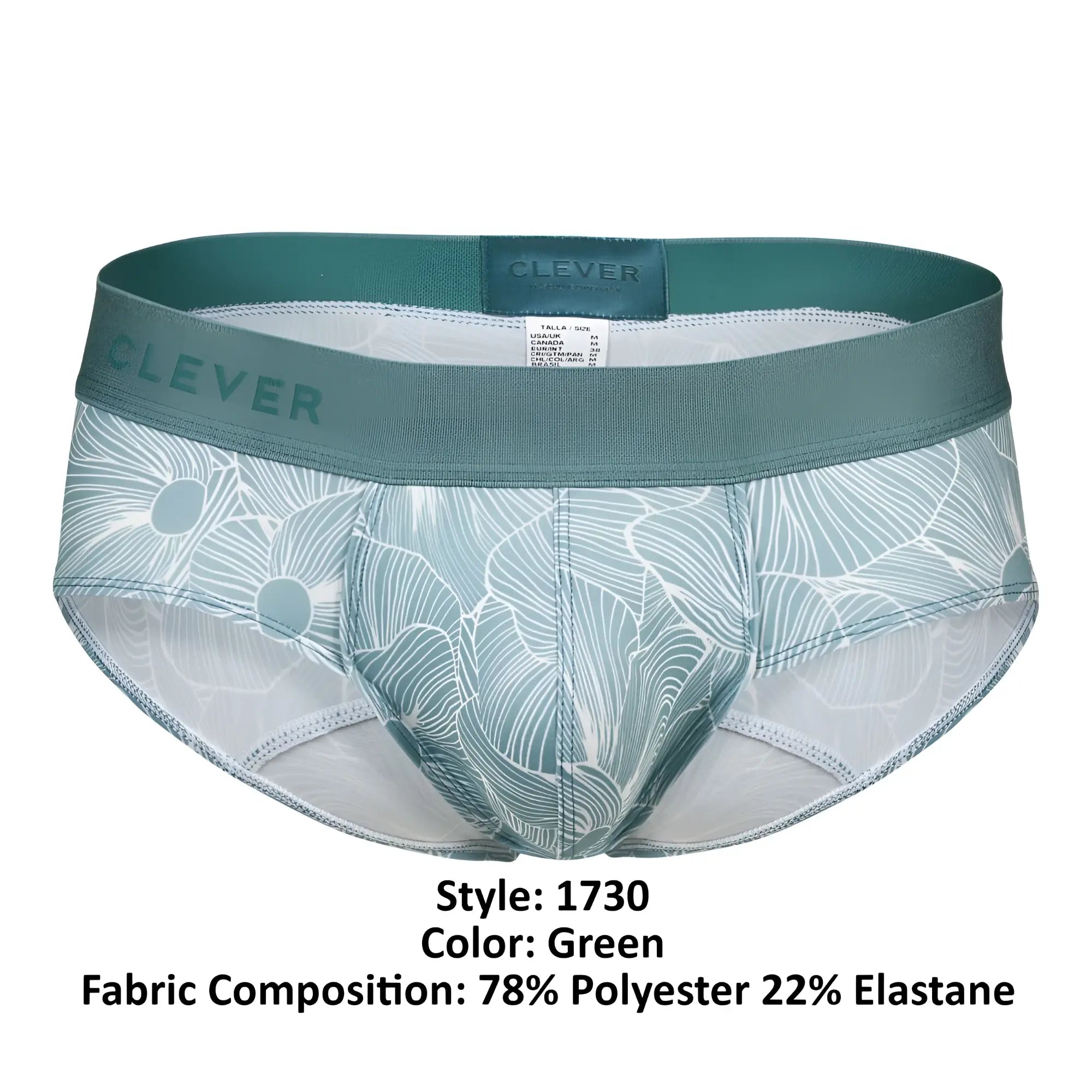 Green clever 1730 rose briefs featuring a leaf patterned design with an elastic waistband for comfort