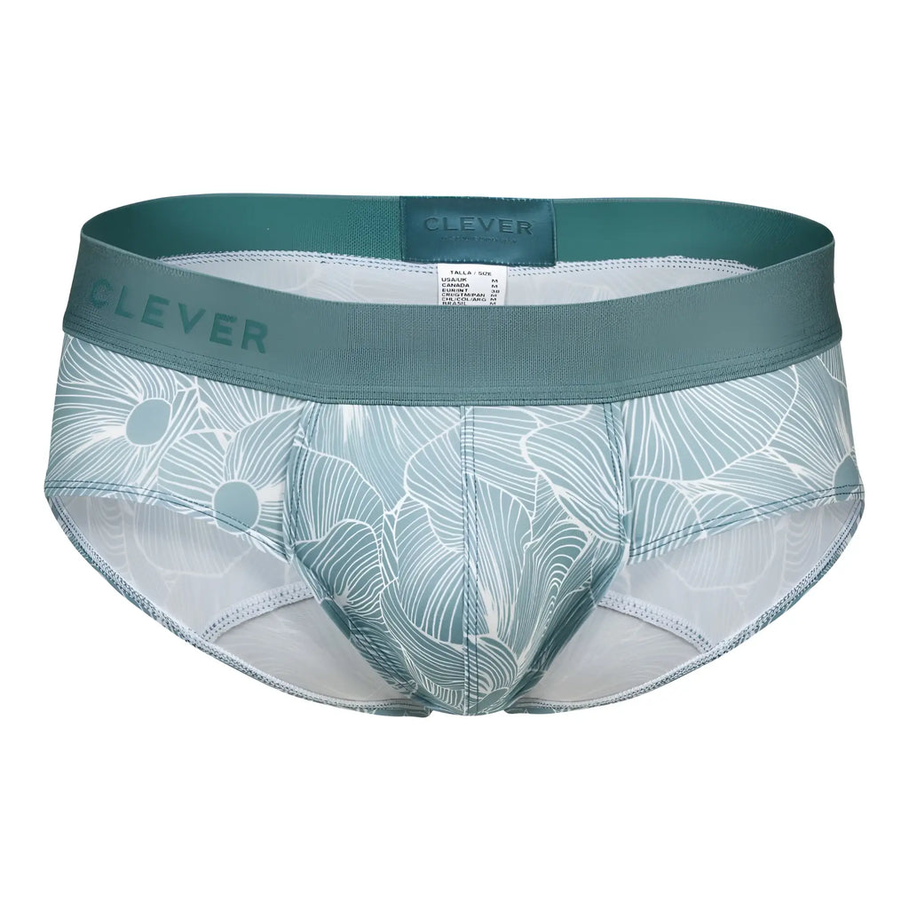 Teal and white floral-patterned men’s briefs by Clever in green color featuring a soft fabric design