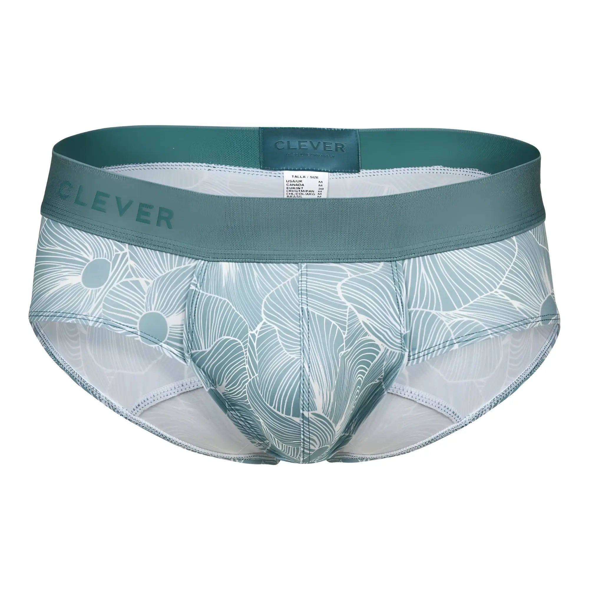 Teal and white floral-patterned men’s briefs by Clever in green color featuring a soft fabric design