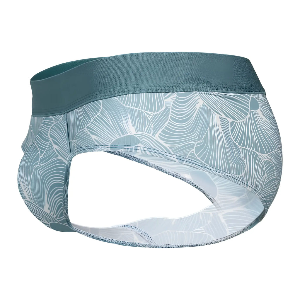Teal and white leaf-patterned clever 1730 rose briefs with stretchy elastic waistband in green for men
