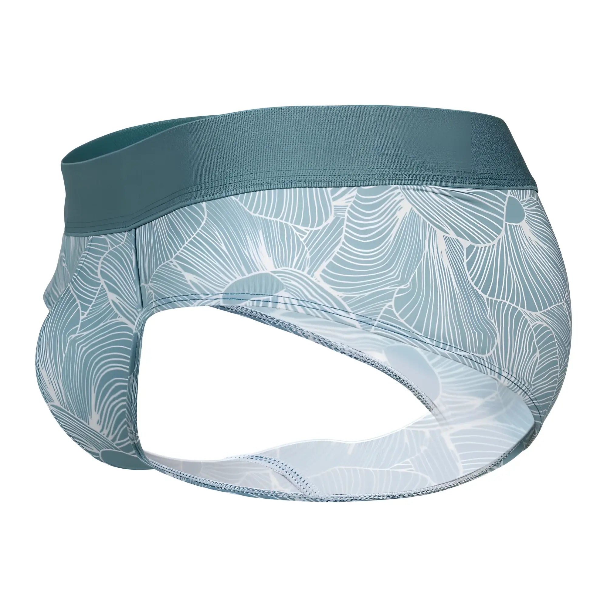Teal and white leaf-patterned clever 1730 rose briefs with stretchy elastic waistband in green for men