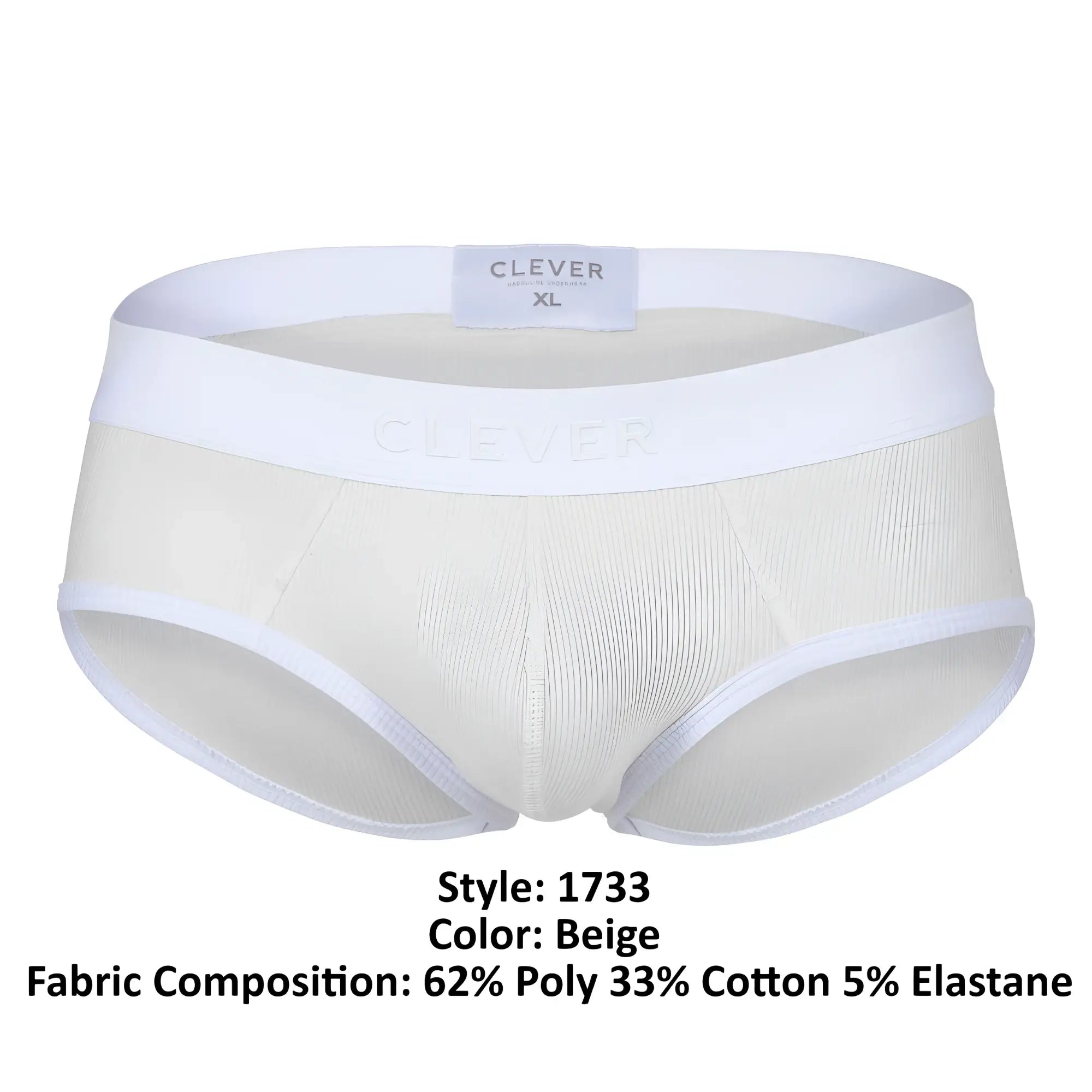 Beige clever 1733 briefs with white elastic waistband and trim designed for comfortable everyday wear