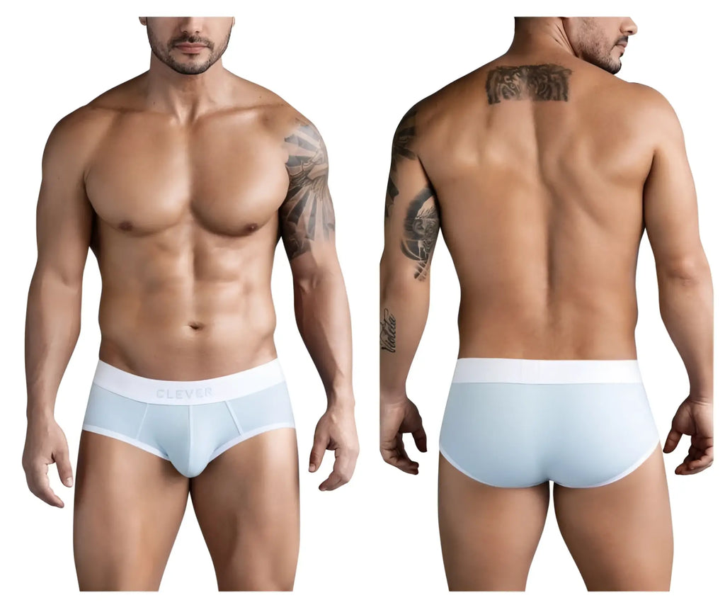 Light blue ribbed cotton briefs with white elastic waistband and clever branding model 1733 colors briefs blue