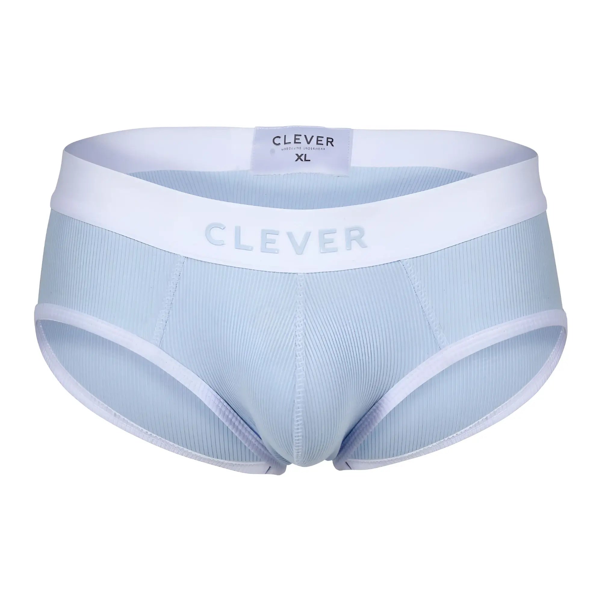 Light blue ribbed cotton briefs with a white elastic waistband featuring clever brand name blue color