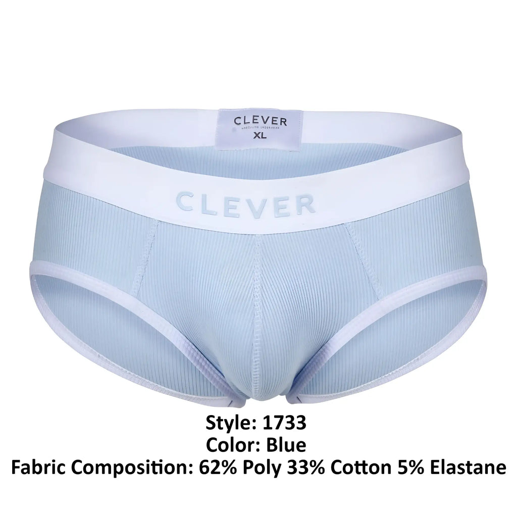Light blue ribbed cotton briefs with white elastic waistband and trim featuring clever brand logo
