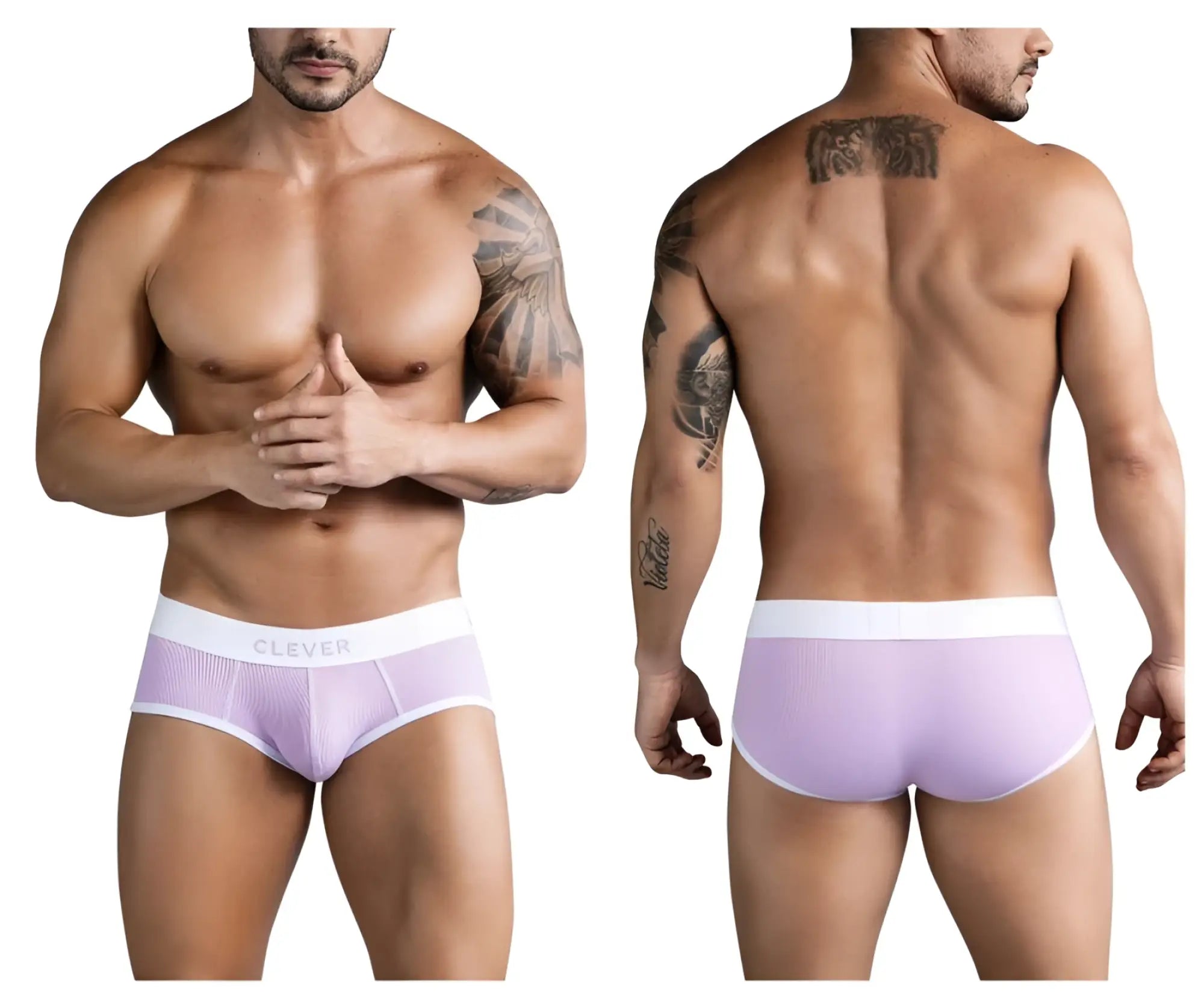 Lavender ribbed briefs with white elastic waistband and clever branding in lilac color efficient for daily wear