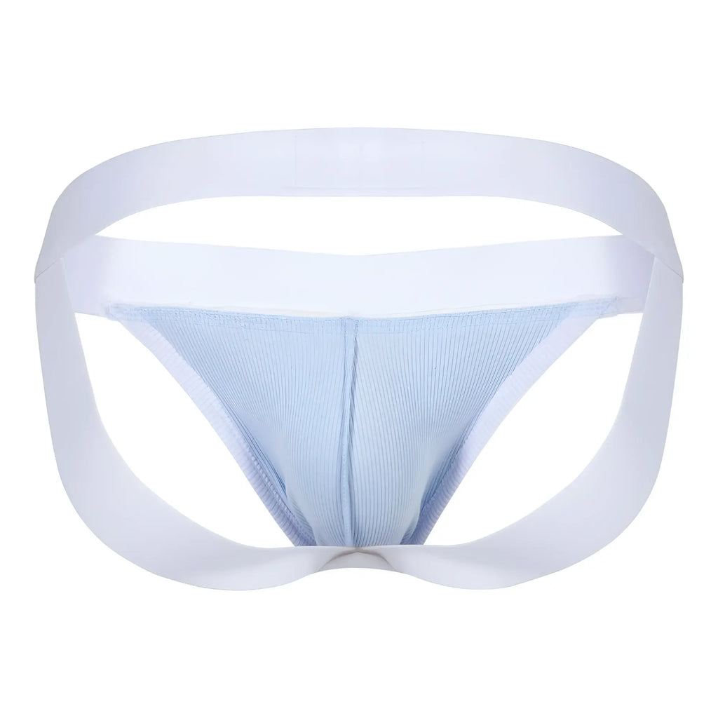 Light blue ribbed fabric briefs with white elastic waistband and leg openings from clever 1734 colors jockstrap blue