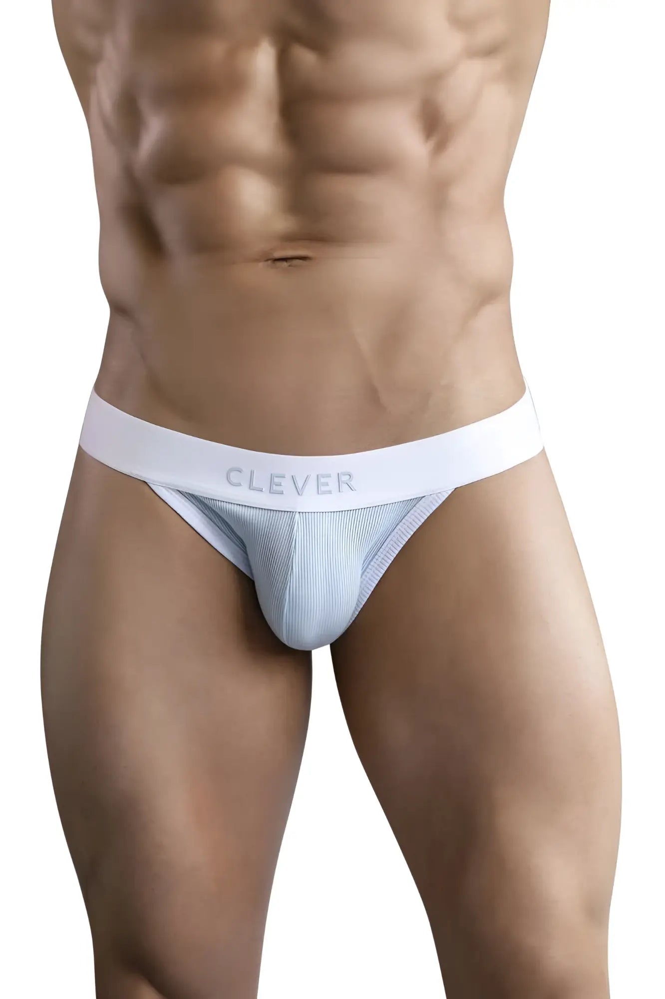 White and light blue ribbed cotton briefs with a white waistband featuring clever brand name in clever 1734 colors jockstrap blue