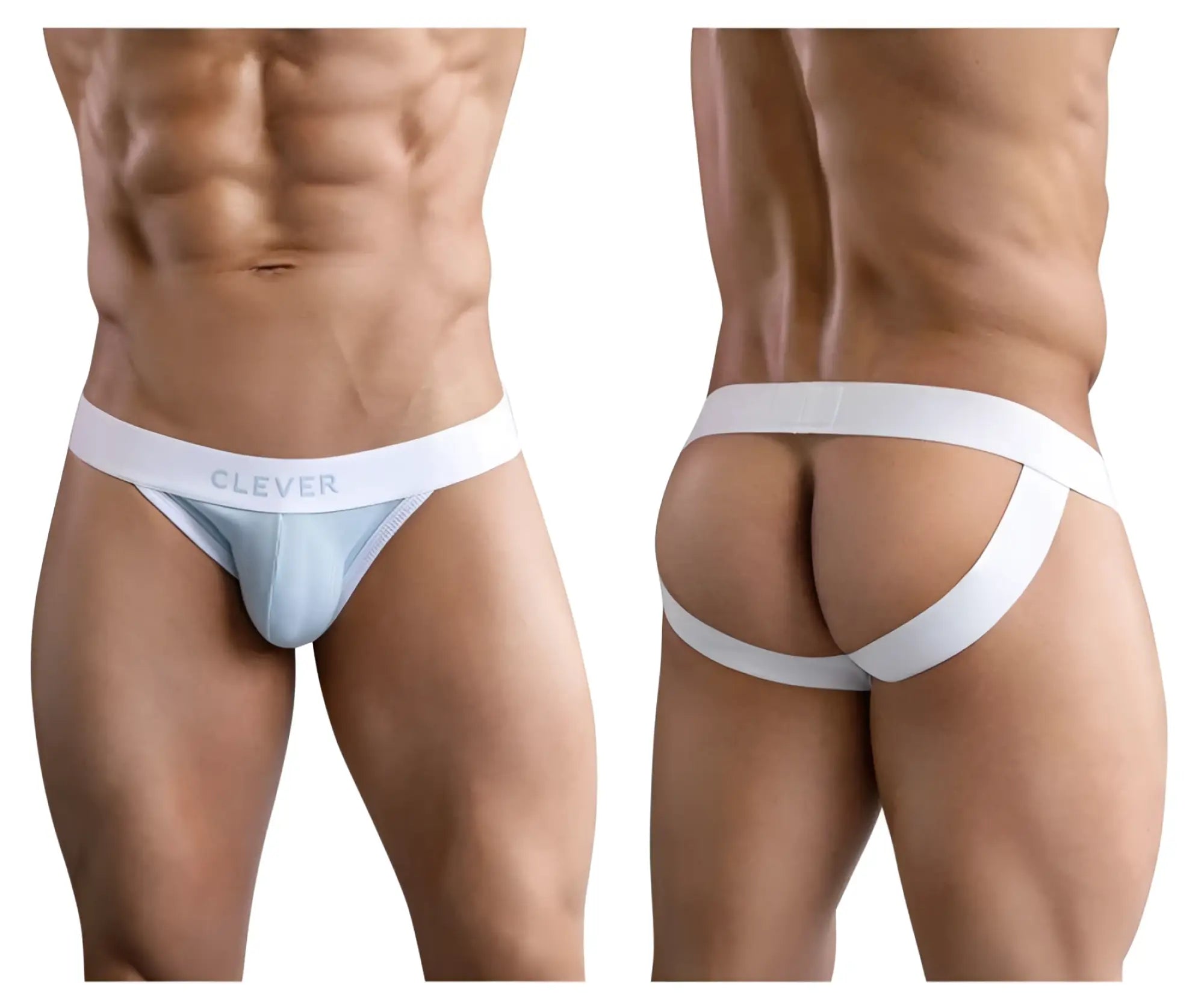 White and light blue textured fabric briefs with white waistband featuring clever brand name in color blue jockstrap design