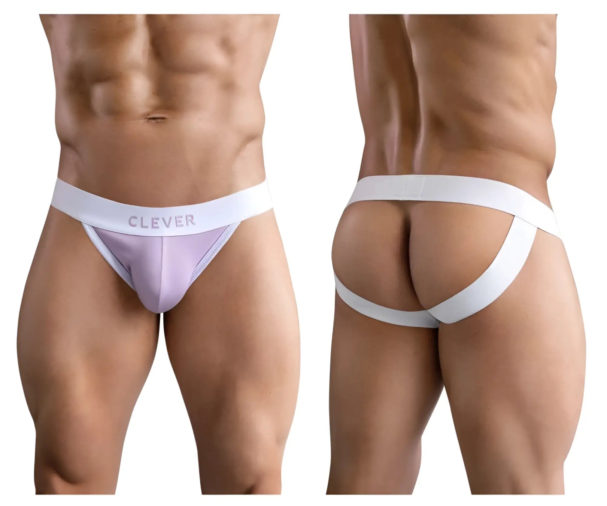 White and lavender textured fabric briefs with white waistband featuring clever brand name in lilac colors jockstrap style